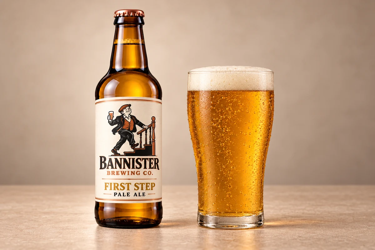 First Step bottle beside a poured pint showing its honey gold colour