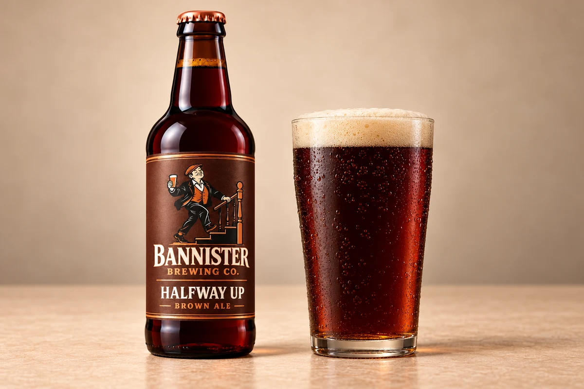 Halfway Up bottle beside a poured pint showing its deep chestnut brown colour