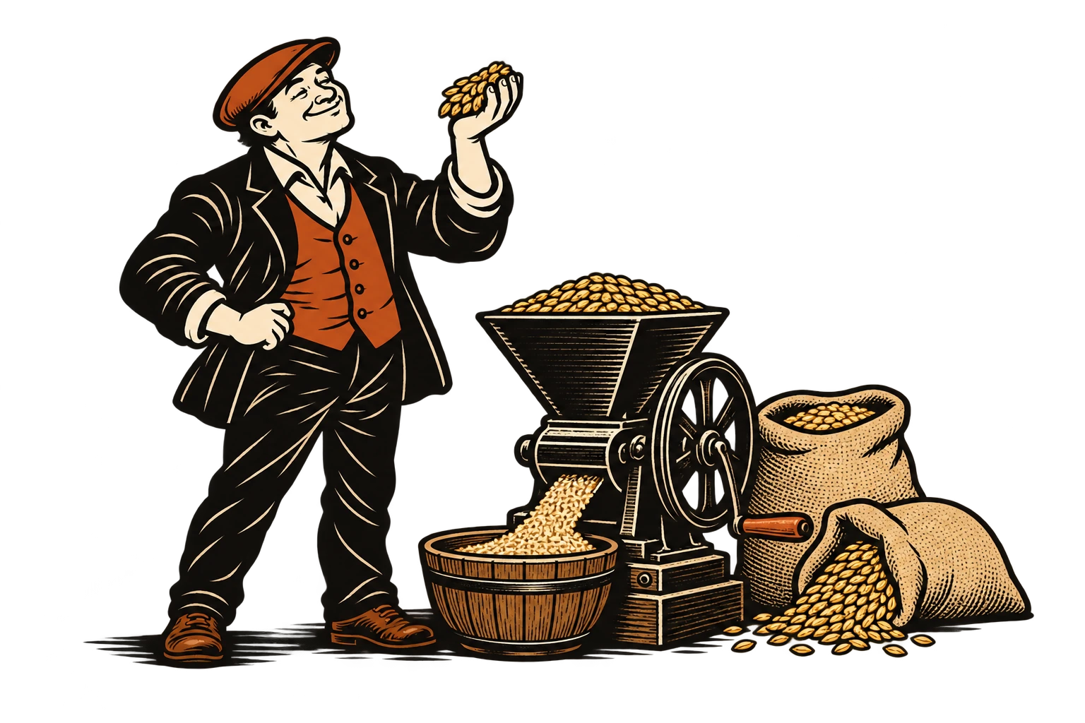 The Bannister gentleman examining malt beside grain sacks and a mill