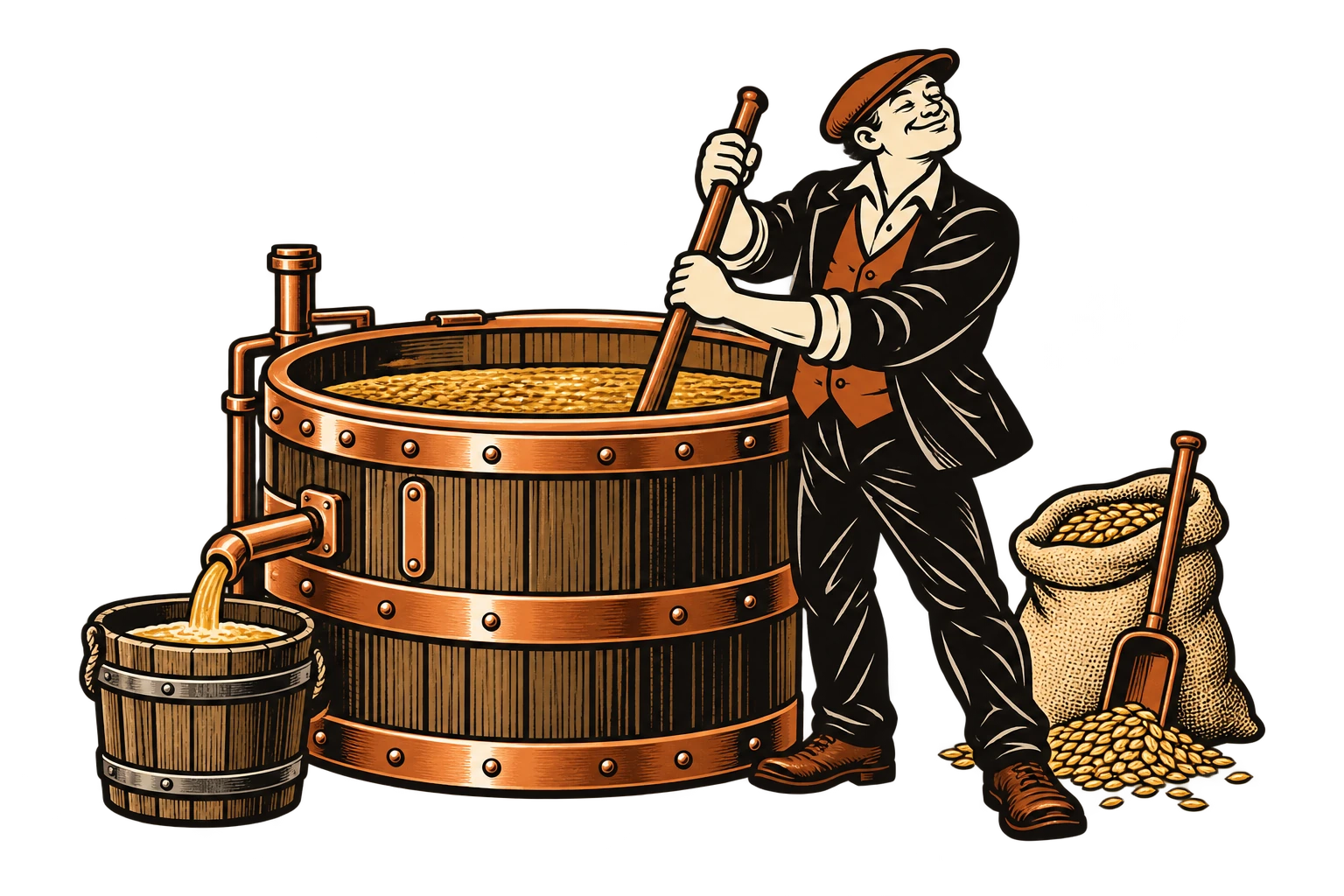 The Bannister gentleman stirring a mash tun, with sweet wort being collected