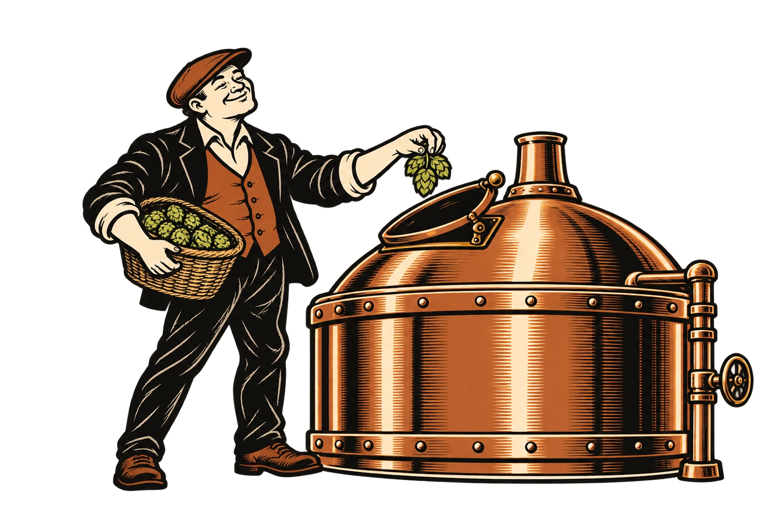 The Bannister gentleman adding hops to a copper brewing kettle