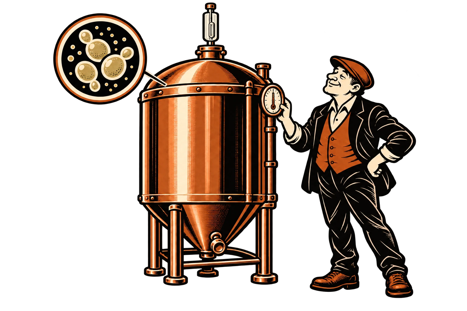 The Bannister gentleman checking a closed fermenter, with an inset of budding yeast cells