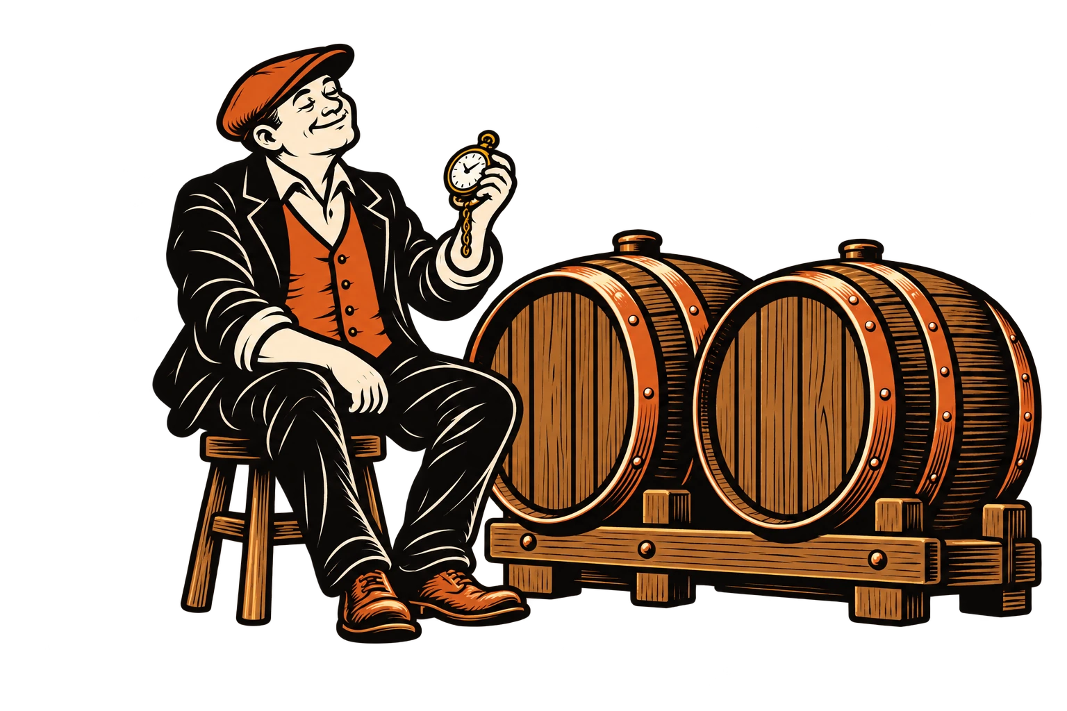 The Bannister gentleman patiently checking a pocket watch beside closed casks