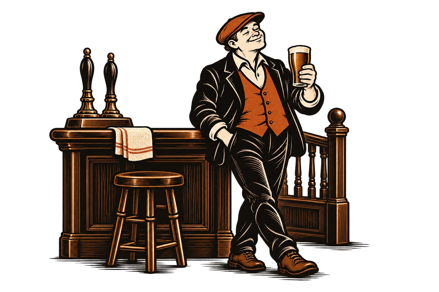 The familiar Bannister gentleman on a level pub floor beside a banister, holding a foamy pint