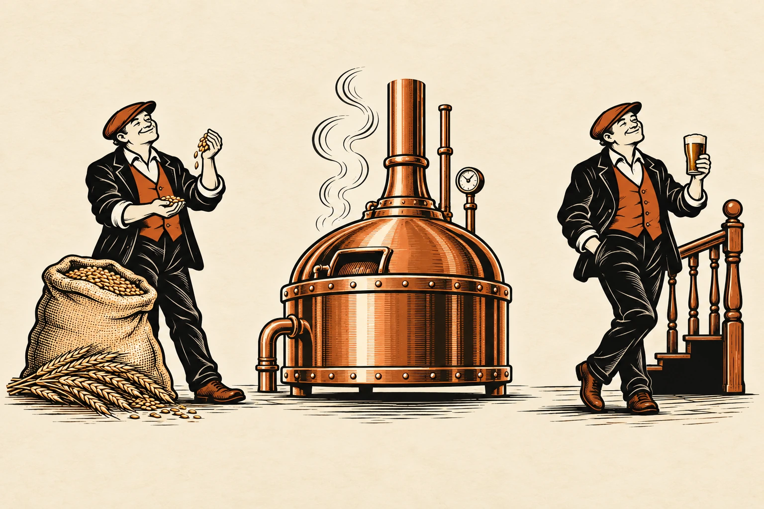 An illustrated journey from malt, through the copper, to the Bannister gentleman with a pint