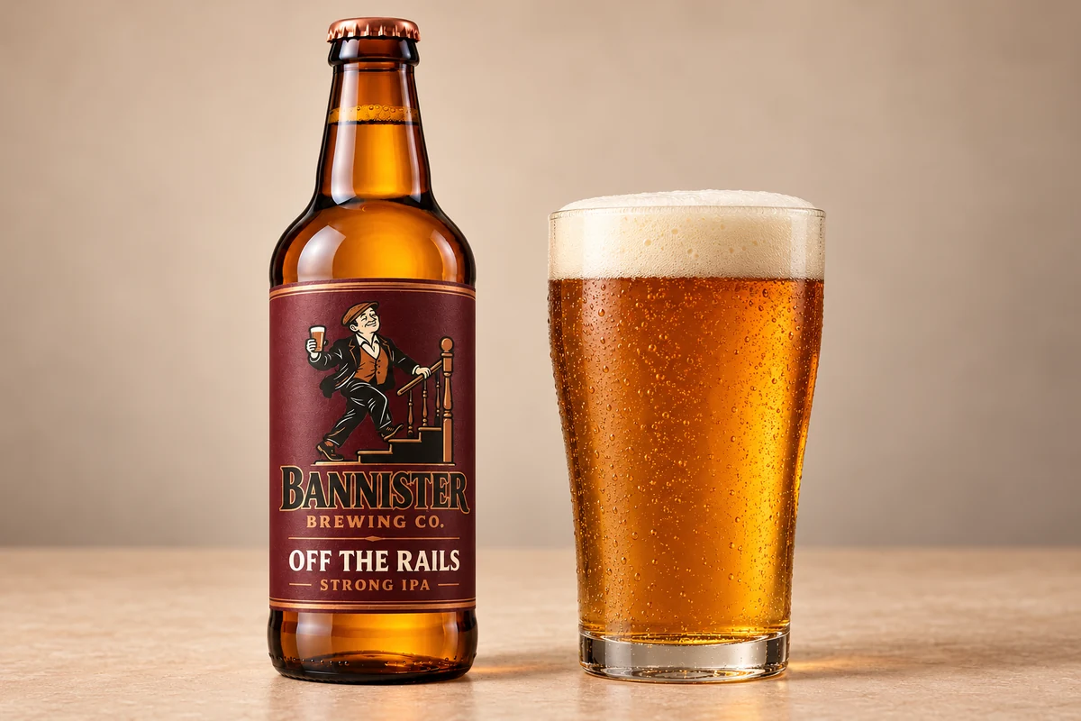 Off the Rails bottle beside a poured pint showing its golden amber colour