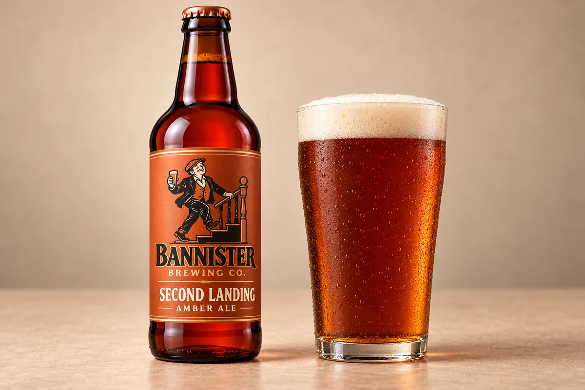 Second Landing bottle beside a poured pint showing its copper amber colour