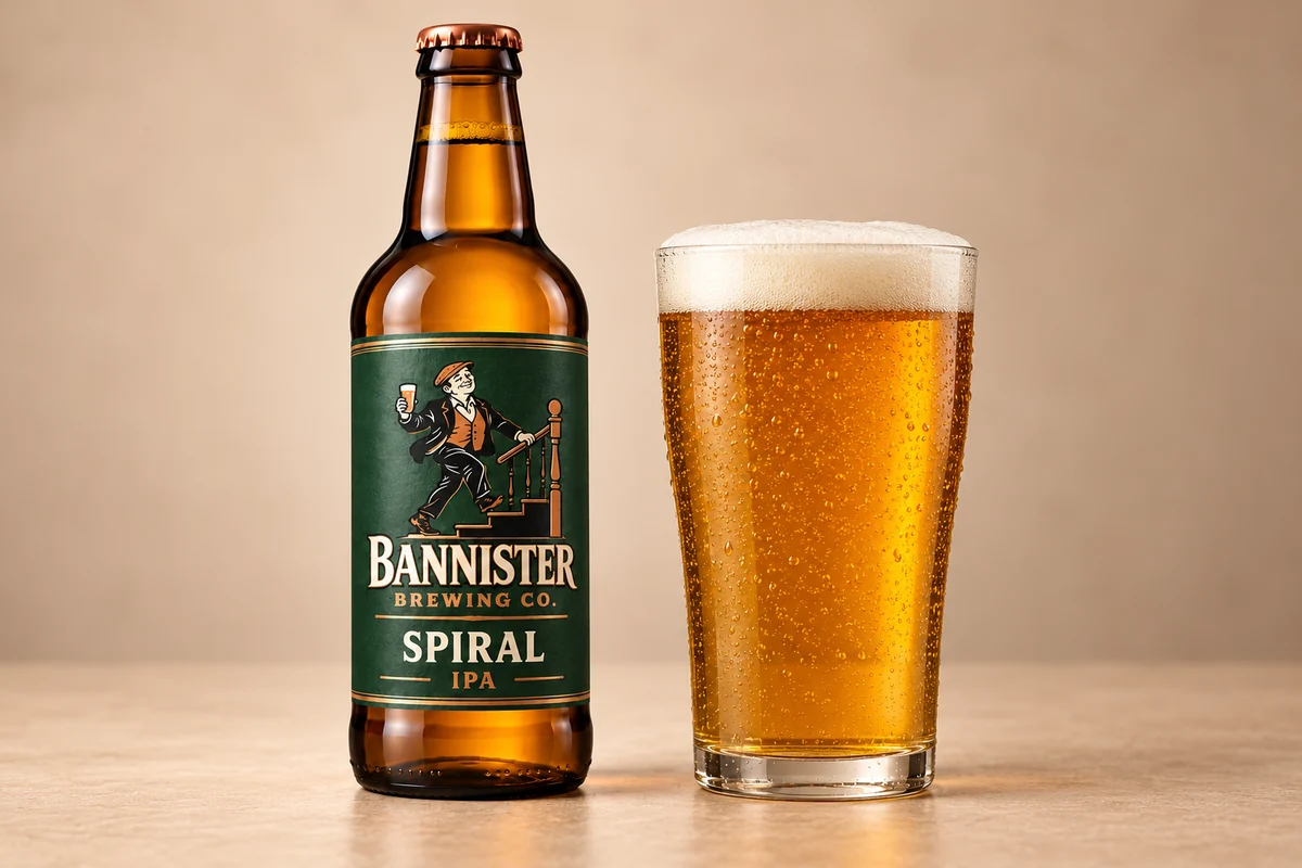 Spiral bottle beside a poured pint showing its golden colour