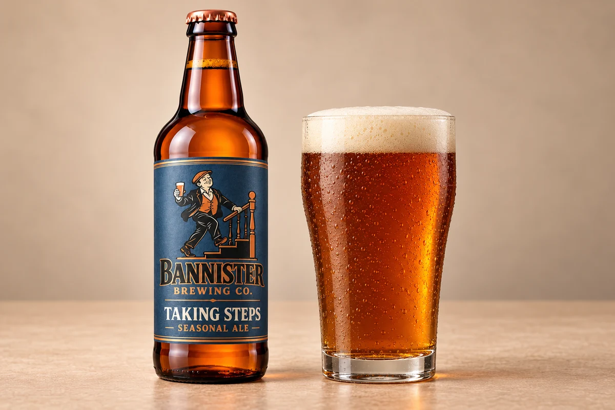 Taking Steps bottle beside a poured pint showing its toasted amber colour