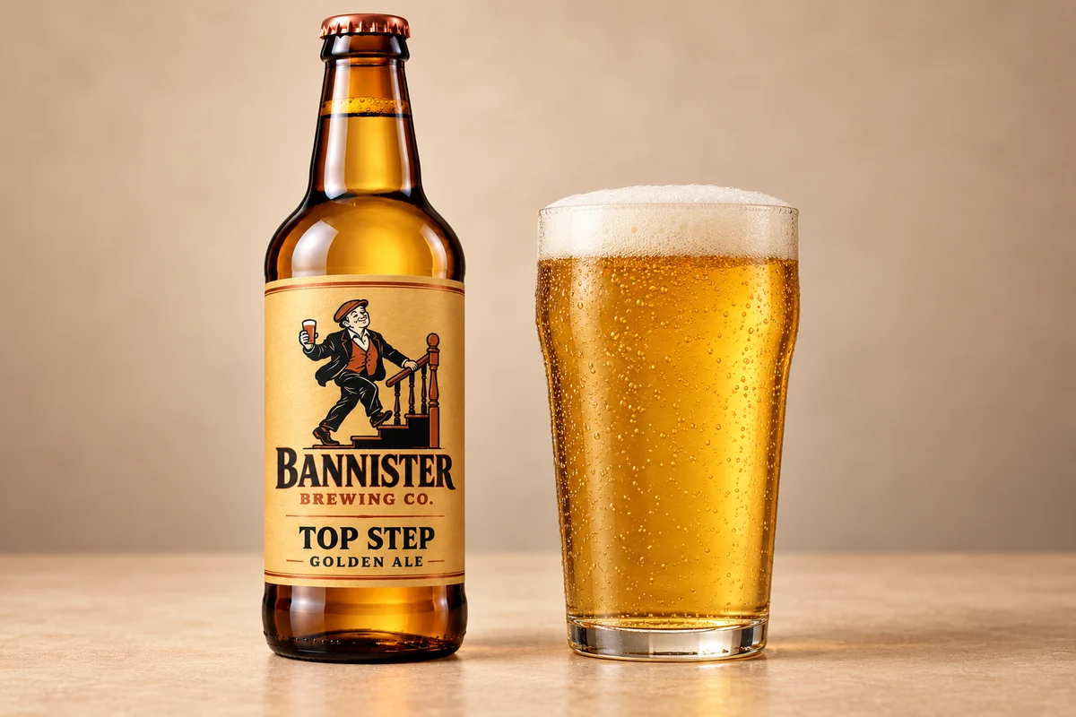Top Step bottle beside a poured pint showing its straw gold colour